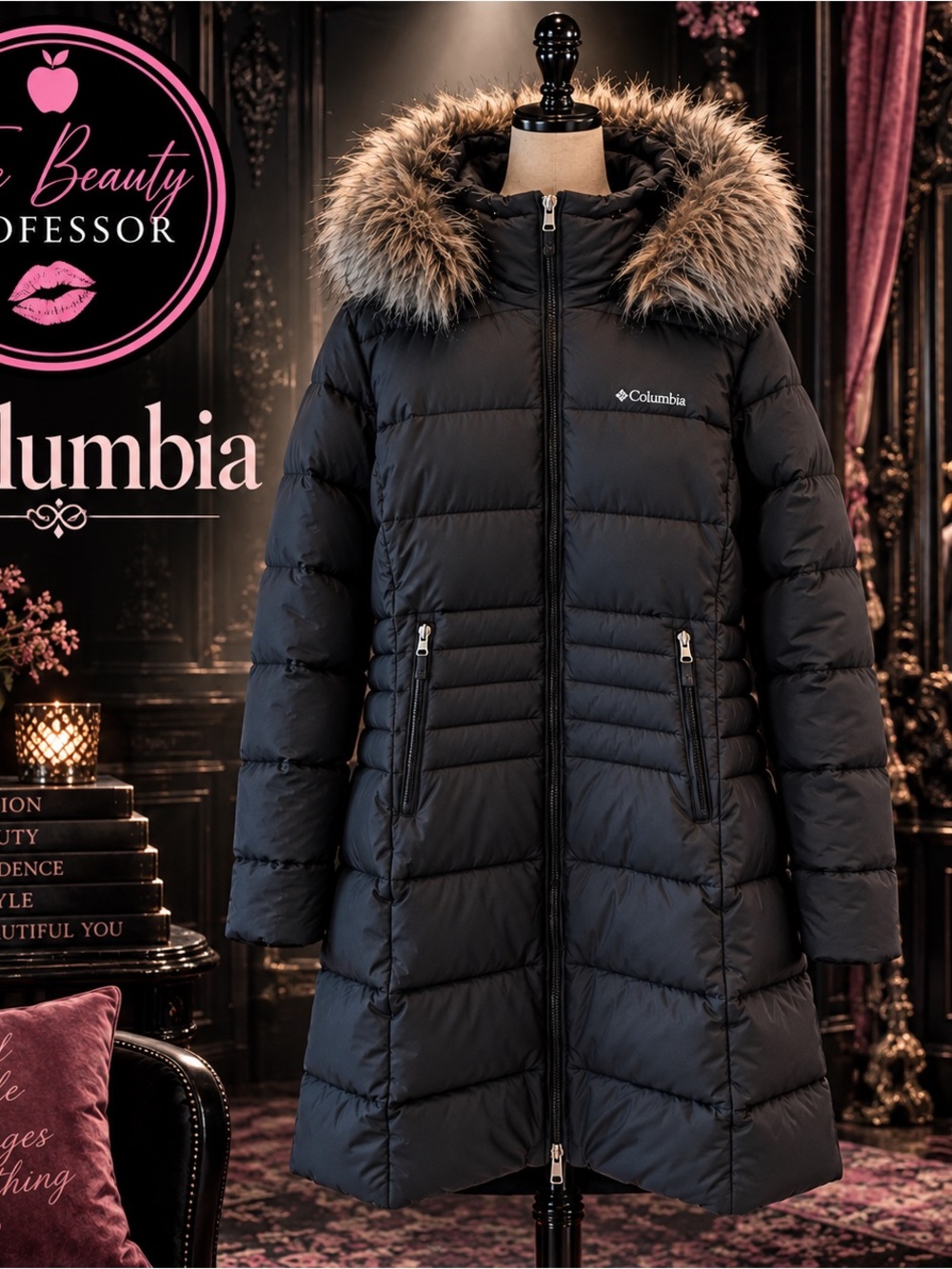 💕Columbia XL Black Long Down Puffer Coat Faux Fur Hood 60/40 Feather